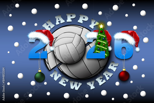 Happy new year. 2026 with volleyball ball. Numbers in Christmas hats with Christmas tree and balls. Original template design for greeting card. Vector illustration on isolated background