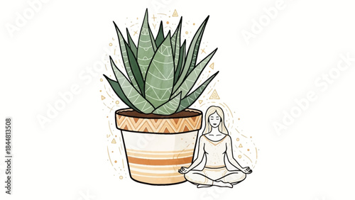 Hand-drawn illustration of a woman meditating near a stylized potted succulent on white.
