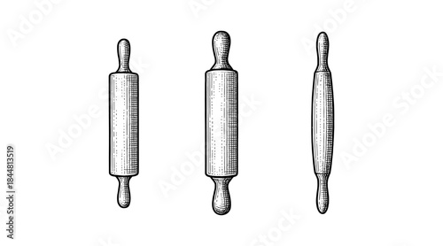 Engraved rolling pins illustration in black and white on a white background