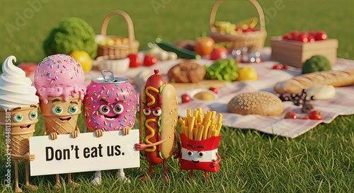 Junk temptation: unhealthy food character with trans fat, sweet, and fast meal cry don't eat us, urging balanced nutrition, fresh produce, wellness awareness, vitality, prevention, disease elimination