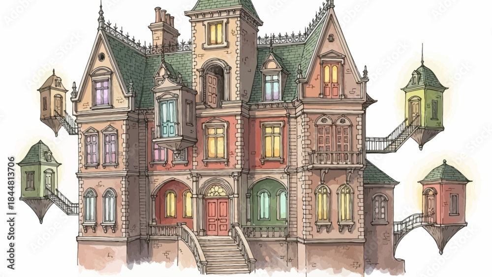 Obraz premium Whimsical sketch of a detailed fantasy mansion featuring complex architecture and floating turrets.