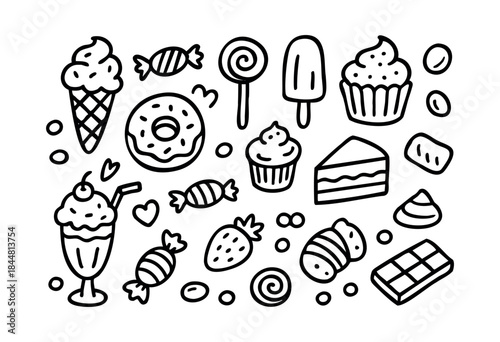 A collection of hand-drawn outline illustrations featuring various popular sweet desserts and candies on a white background — stock vector.