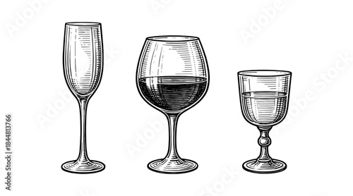 Elegant engraved illustration of wine glasses for various beverages