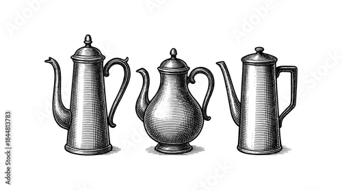 Vintage Engraved Teapots: A Detailed Black and White Illustration