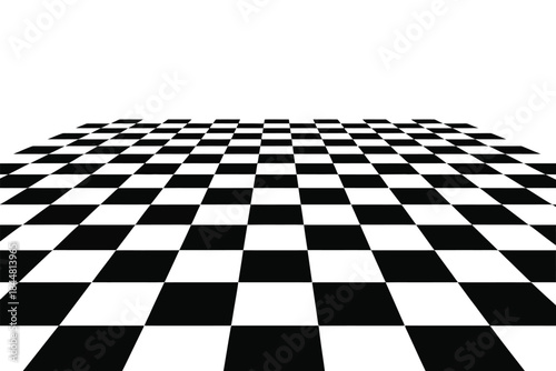 Dynamic black and white checkerboard pattern receding into an infinite horizon, creating an abstract optical illusion of depth and movement on a stylized background