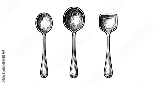 Engraved illustration of three different spoons on a white background