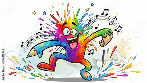 Vibrant cartoon mascot representing creativity, exploding with rainbow paint and musical elements.