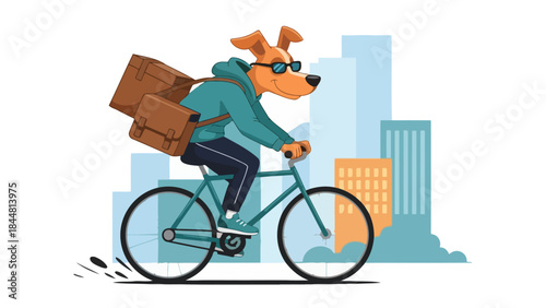 Happy dog character wearing sunglasses riding a delivery bicycle in the urban environment.