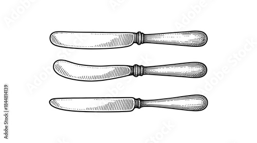 Vintage engraved illustration of three different butter knives on white background