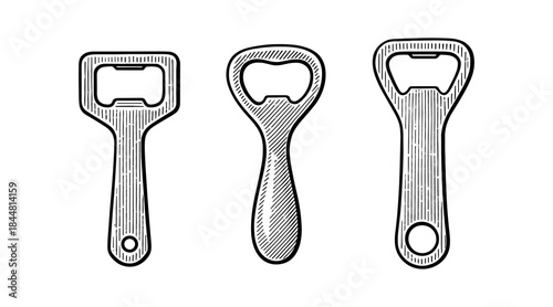 Vintage Bottle Openers in Black and White, Isolated on White Background