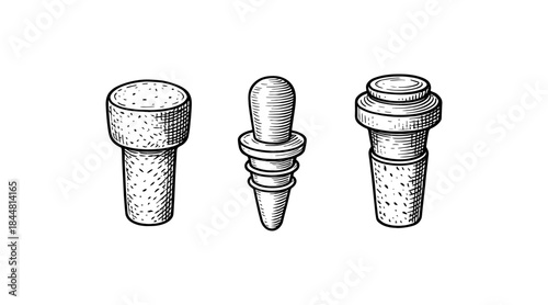 Vintage wine bottle stoppers illustration in black and white