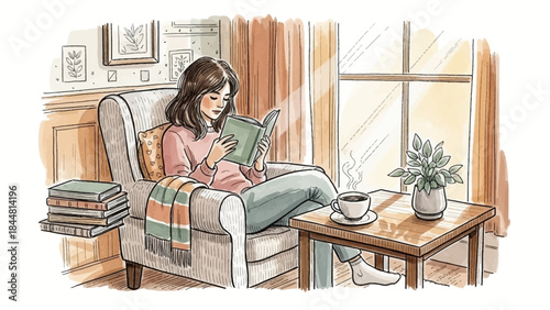 Cozy illustration of a young woman reading a book with coffee by a sunny window.