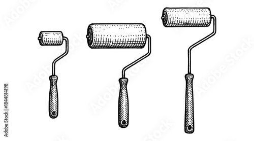 Ink drawing of paint rollers in different sizes on a white background