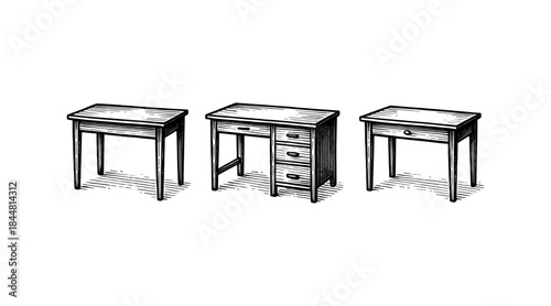 Vintage desks illustration in black and white, perfect for design projects