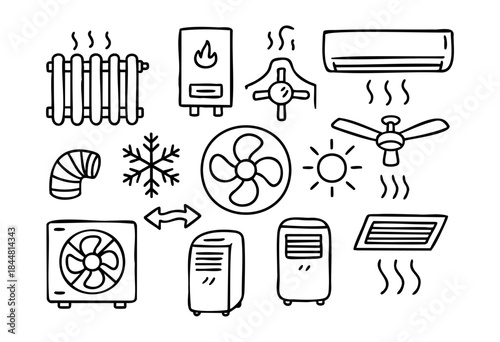 A comprehensive collection of hand-drawn doodle icons representing heating, ventilation, air conditioning systems, and temperature control elements — stock vector.