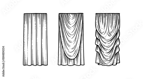 Elegant curtain designs in a detailed vintage engraving style, isolated on white.