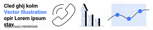 Business communication, data analysis, market strategy, finance tracking, growth planning, economic trends. Phone icon, bar chart with arrows and a line graph. Business communication and data