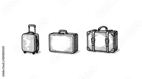 Vintage luggage illustrations in a hand-drawn engraving style on a white background