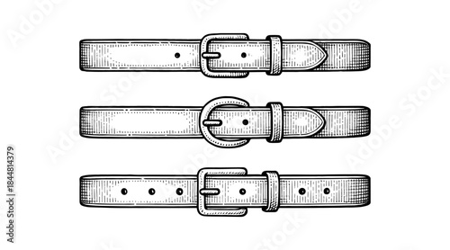 Engraved illustration of three different leather belts with buckles