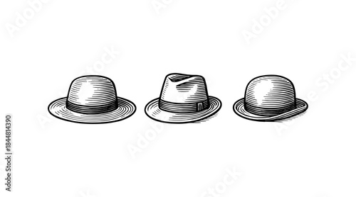 Engraved hats illustration in a row, perfect for vintage or retro designs