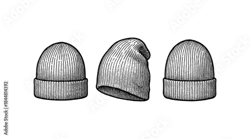Line art illustration of three different beanie hat perspectives