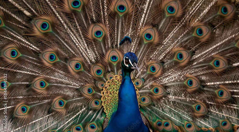 Obraz premium a close-up of a peacock with its feathers spread out in the air. The peacock is facing towards the right side of the image and its head is turned slightly to the left