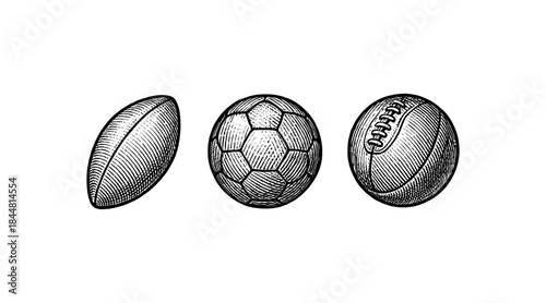 Engraved illustrations of football, soccer ball, and rugby ball on white background