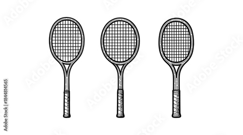 Tennis rackets illustration in black and white on a clean white background