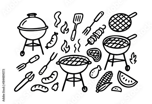 A collection of hand-drawn barbecue elements, including grills, food, fire, and cooking tools, perfect for summer menus and invitations — stock vector.