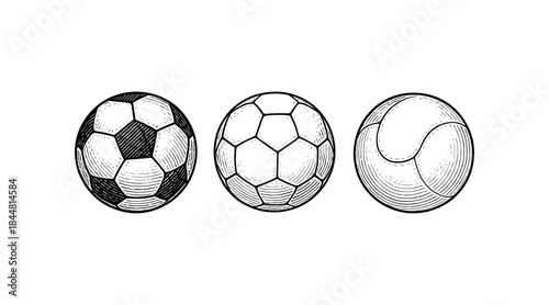 Line art illustration of three different ball designs on a white background
