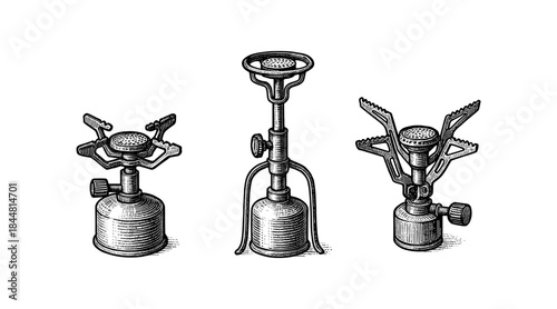 Vintage camping stoves illustration on white background