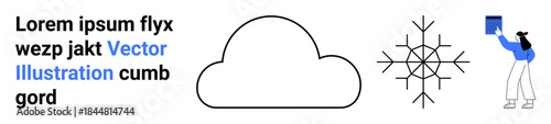 Weather, climate, education, seasons, minimalism, design concepts. Cloud with snowflake and a person holding a book in simple style. Weather and education visually