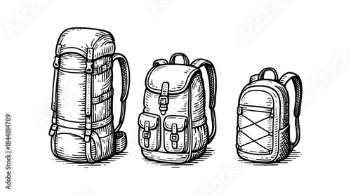 Hand-drawn backpacks illustration in black and white for outdoor adventures