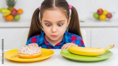 Little girl choosing between donut and banana on kitchen table
