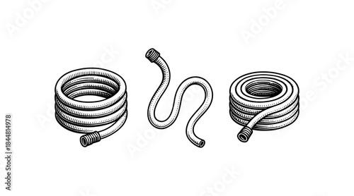 Detailed illustration of a garden hose in various positions against a white backdrop
