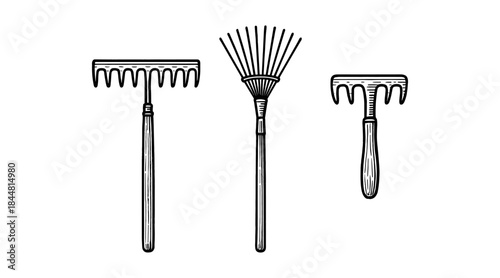 Line art illustration of garden rakes in various styles