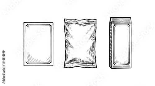 Vintage packaging illustrations of three different product containers in black and white