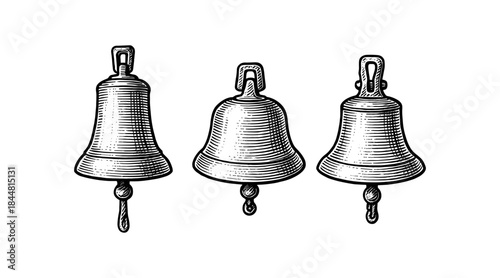 Engraved illustration of three antique bells in a row on a white background