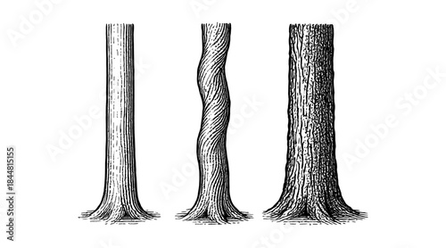 Detailed illustration of three tree trunks with unique textures and shapes