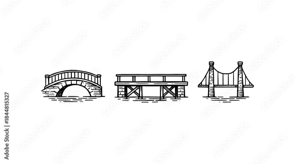 Naklejka premium Line art illustrations of three different bridge designs on a white background