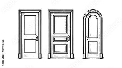 Detailed illustration of three different vintage doors in black and white