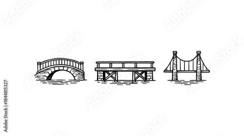 Line art illustrations of three different bridge designs on a white background