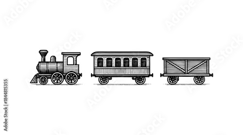 Vintage Train Illustration: Steam Engine, Passenger Car, and Freight Wagon
