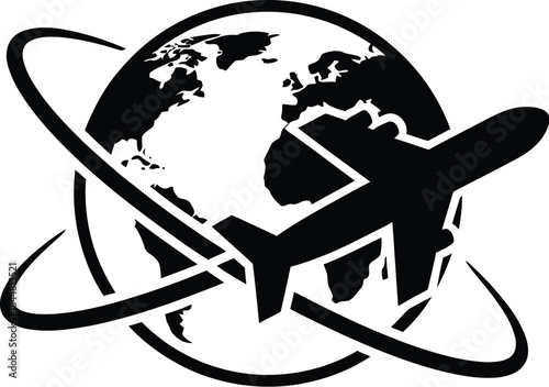 Globe with airplane orbiting symbolizing global travel and connectivity