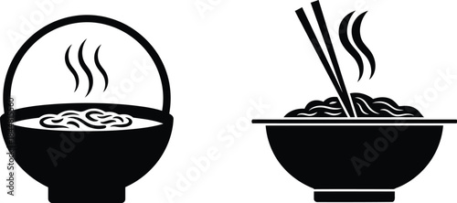 Simple black and white illustration of ramen served in bowls with chopsticks
