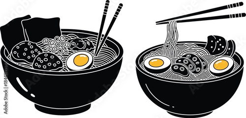 Two bowls of ramen with noodles eggs and seaweed in black and white