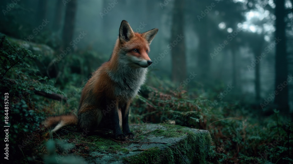 Naklejka premium A fox rests on a moss covered stone in a forest. It is early morning and fog surrounds the area. Trees are tall and create a dark setting. The fox looks calm and alert.
