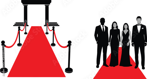 Red carpet event with a classical arch and formally dressed people