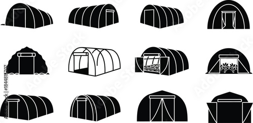 Collection of black and white illustrations depicting various types of tents and shelters