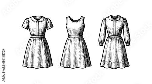Vintage dress illustrations in black and white, perfect for fashion design